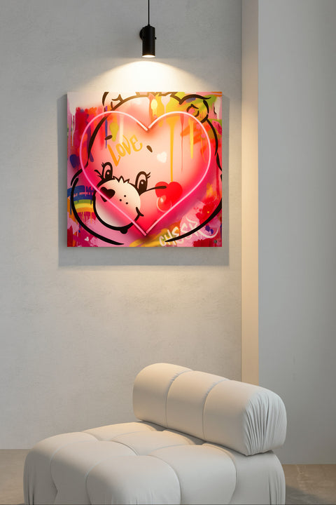 Care Bears neon artwork displayed in a minimalist room with a spotlight