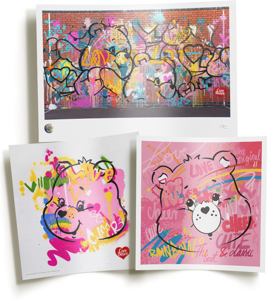 Care-a-Lot 1982, Cheer Bear and Love-a-Lot Bear prints arranged as the Care Bears bundle