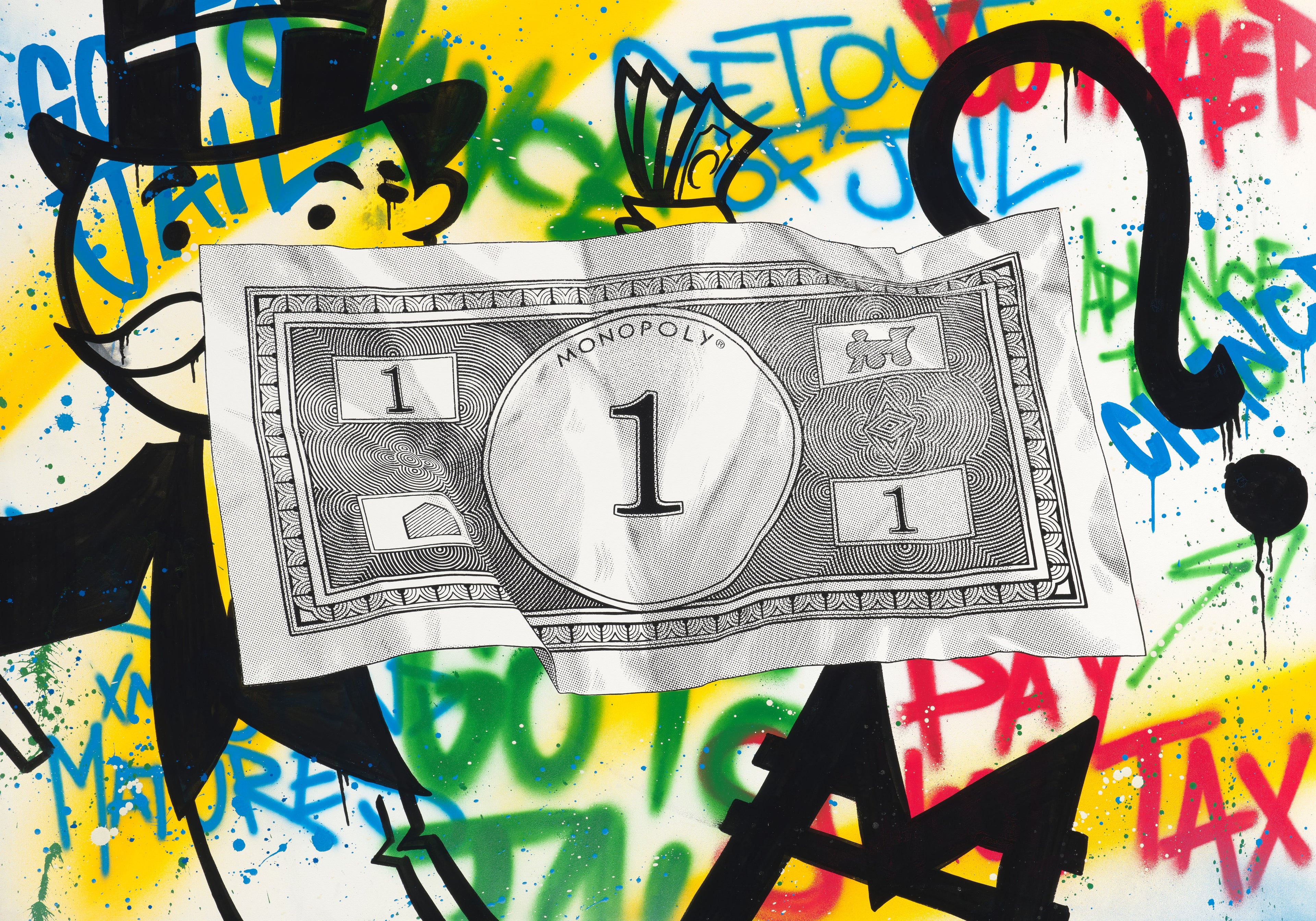 Original MurWalls Monopoly Note 1 artwork on a graffiti-style background