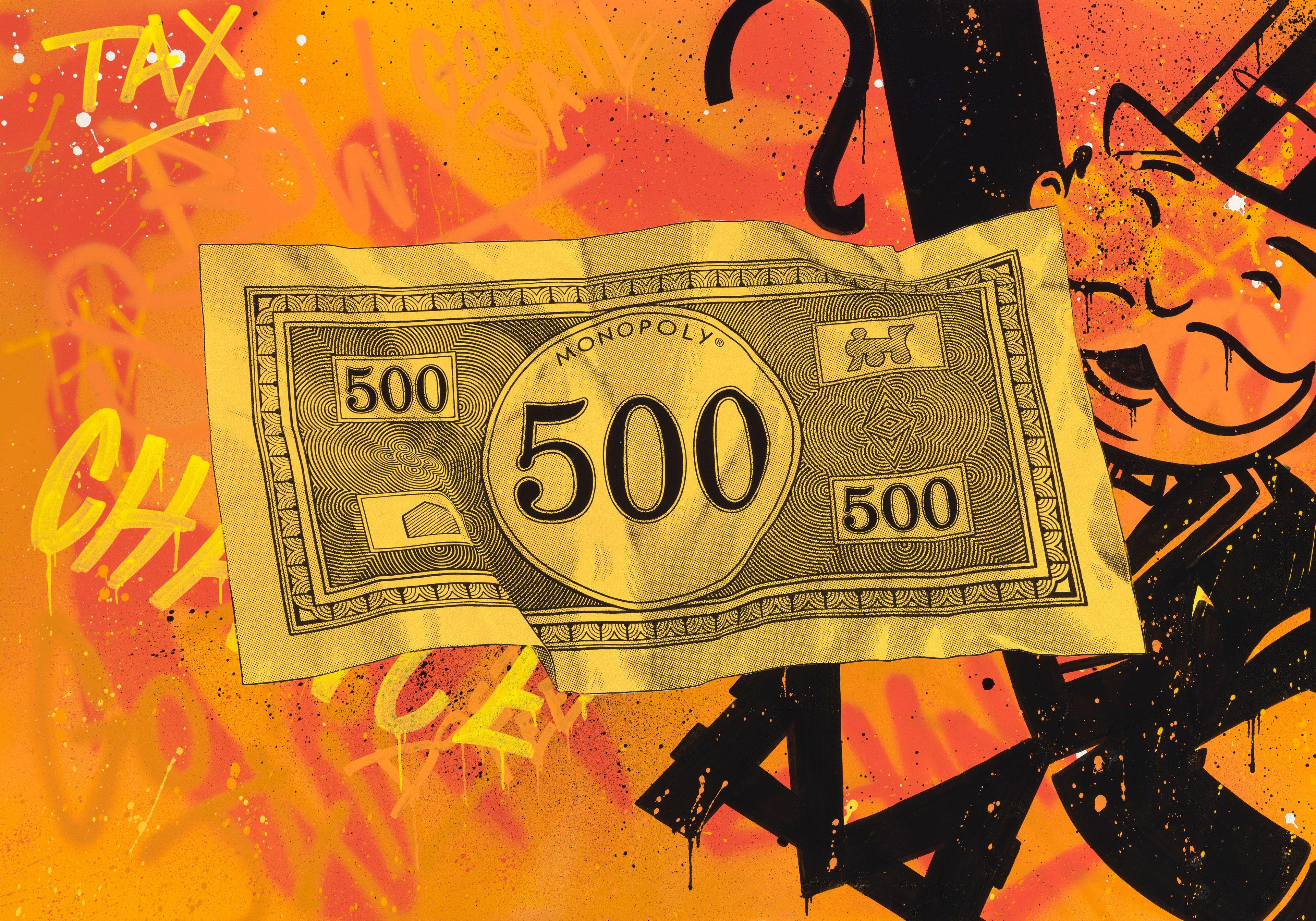 Original MurWalls Monopoly Note 500 artwork on a graffiti-style background