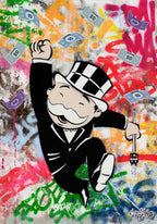 Original MurWalls artwork of Mr. Monopoly against a colourful graffiti-style background