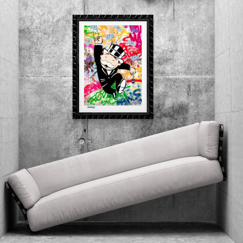 Framed Mr. Monopoly artwork displayed in a concrete interior