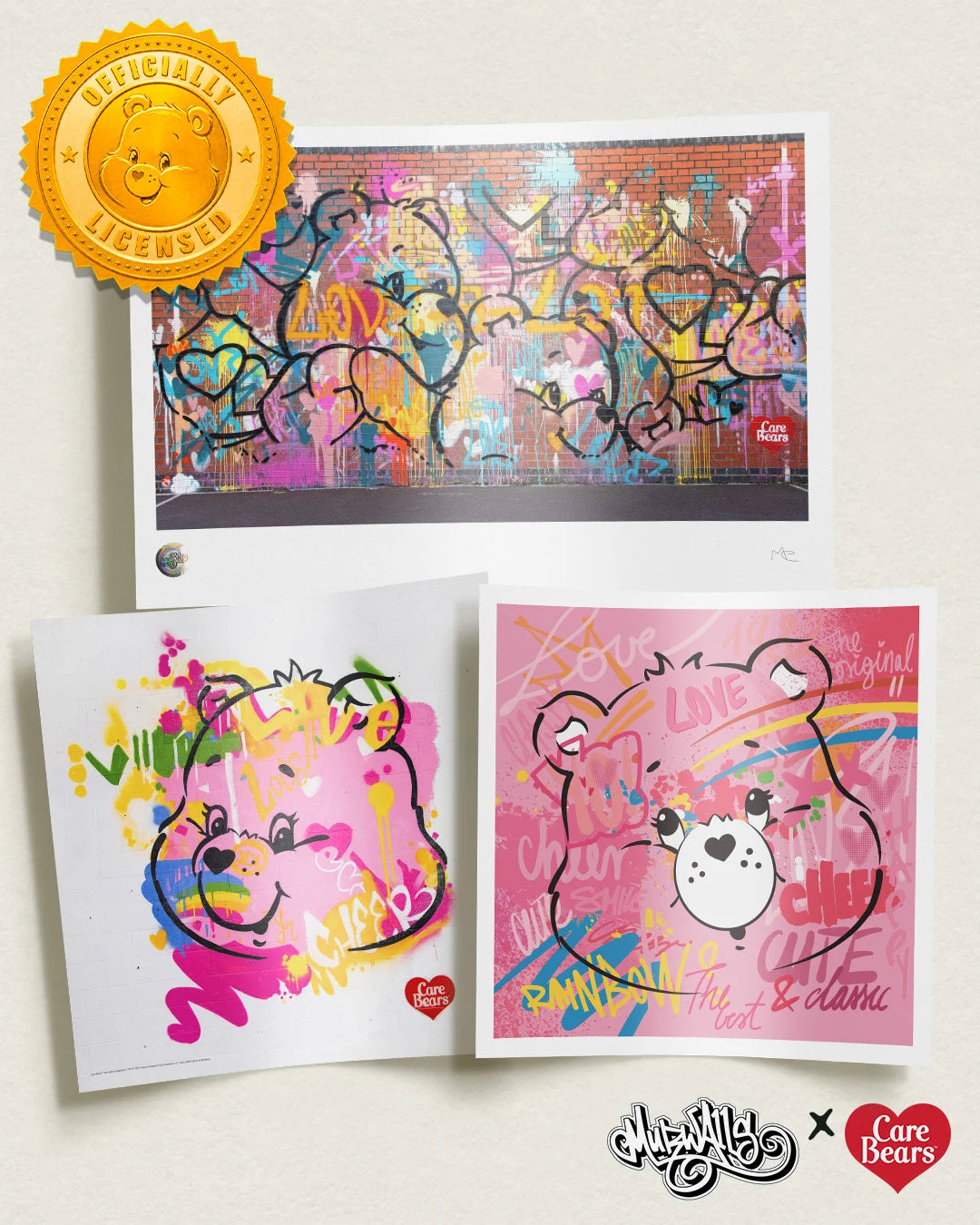 Three officially licensed Care Bears prints displayed with MurWalls and Care Bears branding